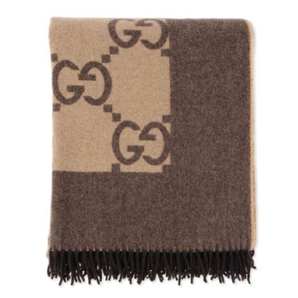GUCCI GG Logo Printed Wool Fringed Blanket - Picture 2 of 6